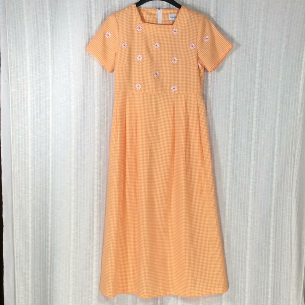 Vintage Sophia Rose Orange Gingham Flower Embroidered Midi Dress Size 8